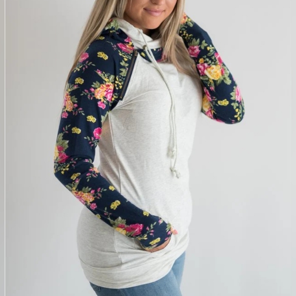 Ampersand Avenue Double hood Floral Accent Sweatshirt Hoodie